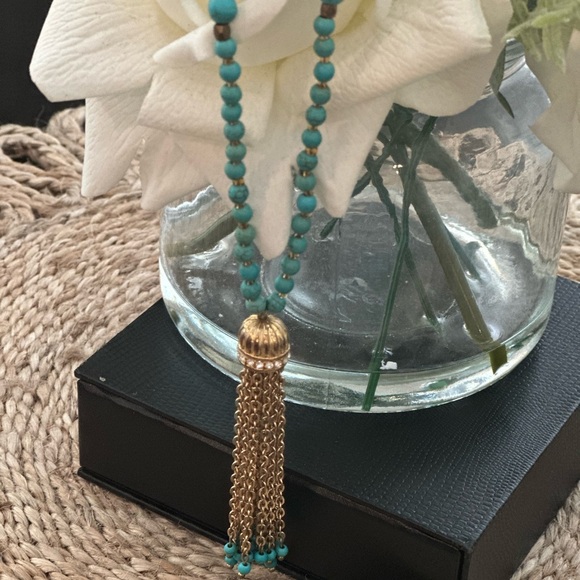 Turquoise Necklace with gold tassel pendant - Picture 5 of 8